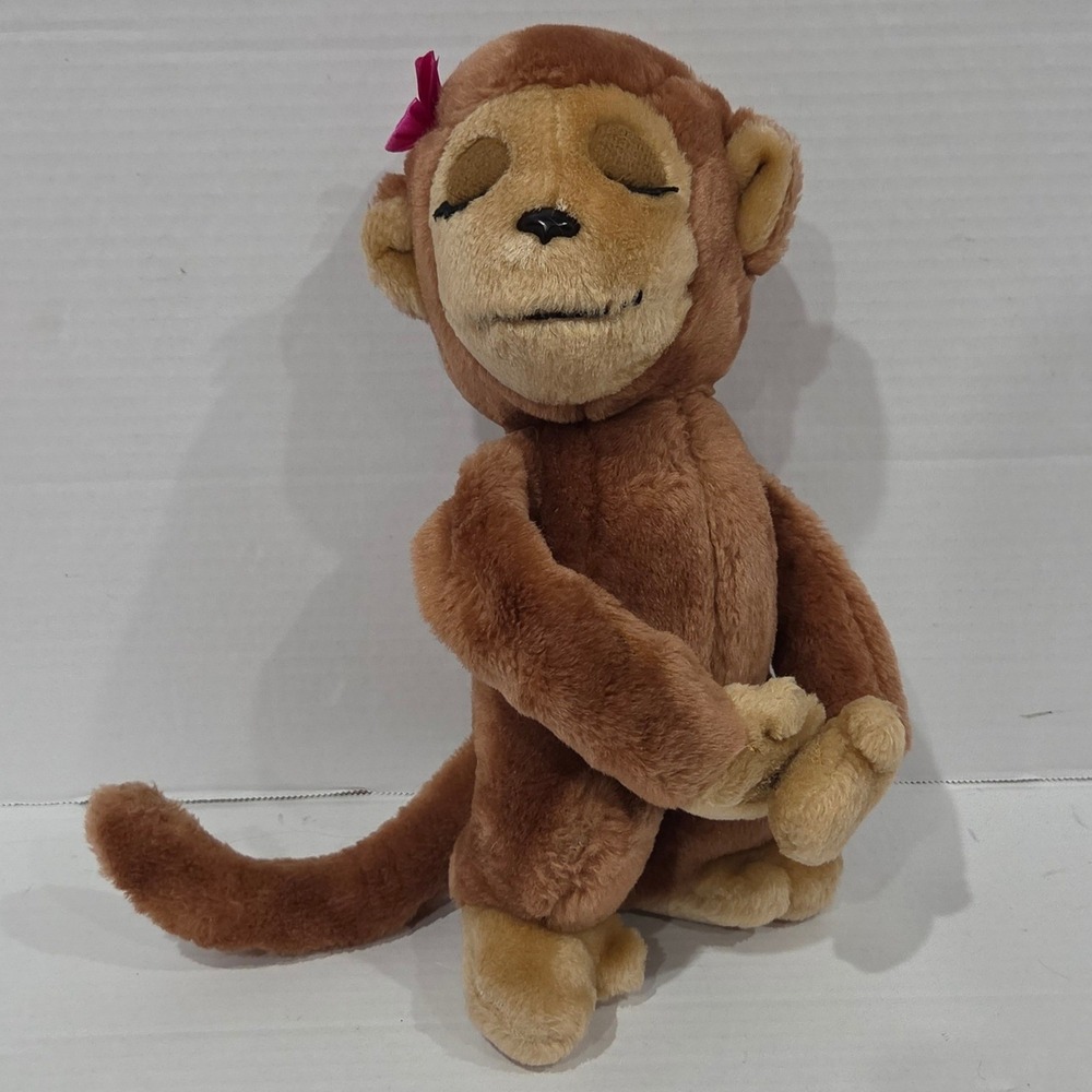 Vintage Dakin Plush Monkey Brown Tan Stuffed Animal Pink Bow Clasping Hands